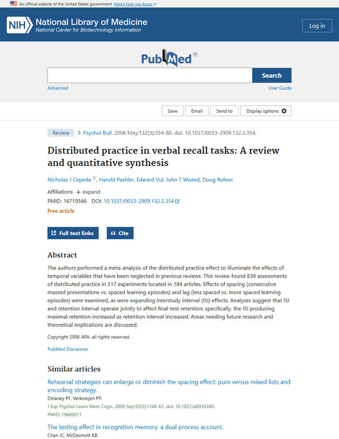 First page of Distributed Practice in Verbal Recall Tasks: A Review and Quantitative Synthesis