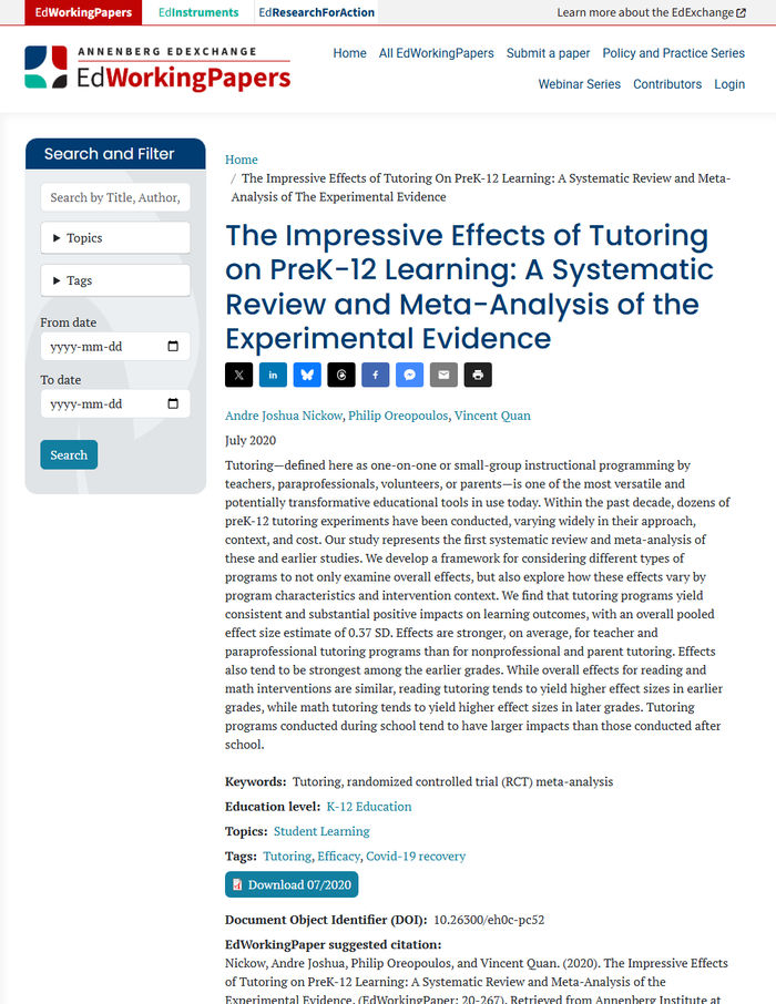 First page of The Impressive Effects of Tutoring on PreK-12 Learning